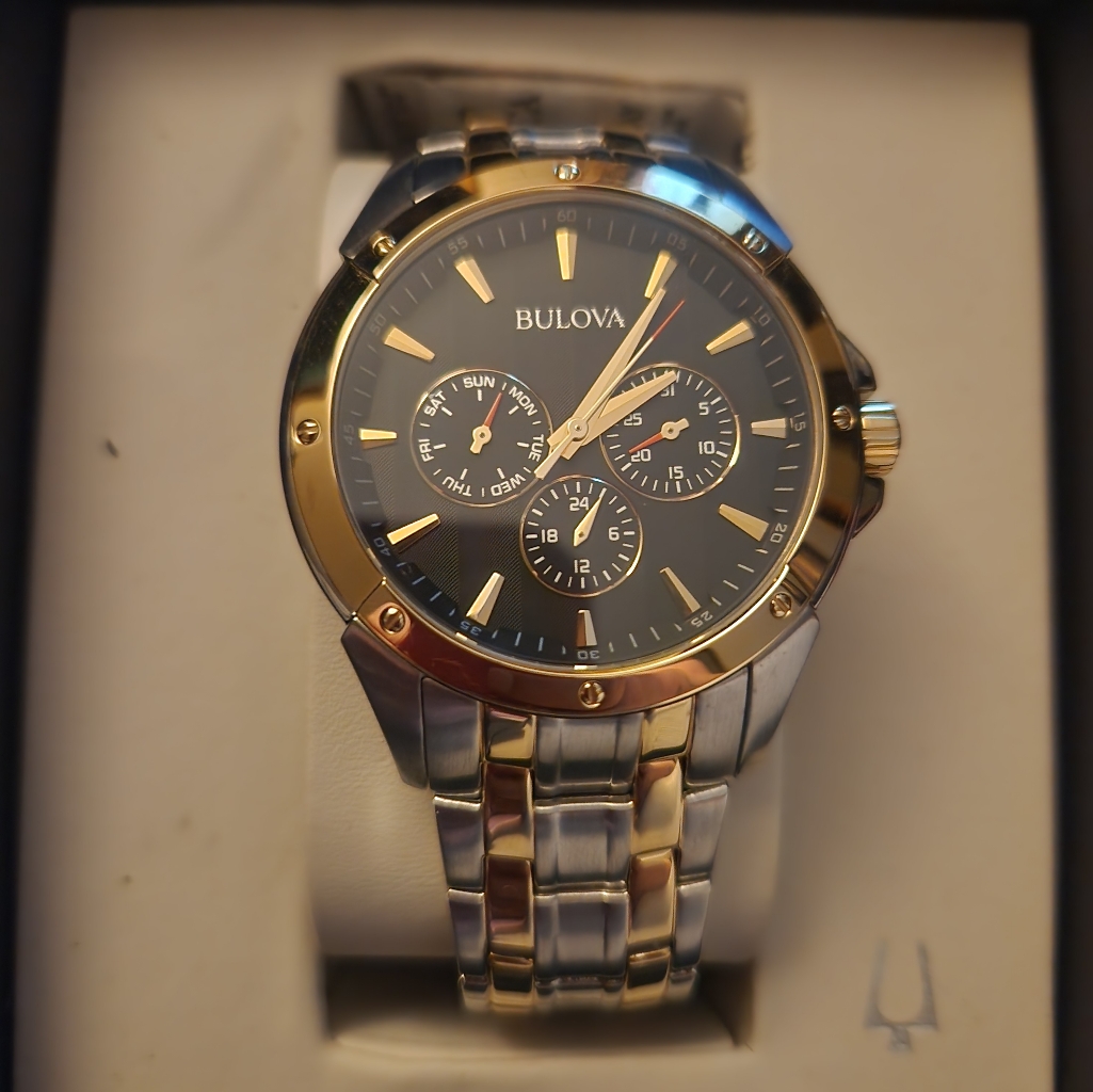 Brand New Men's Bulova Classic Two-Tone Watch With Black Dial (Model: 98c120)